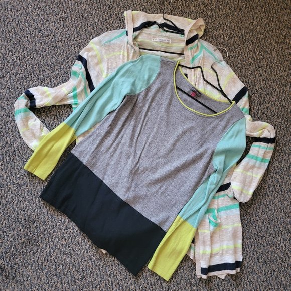Vince Camuto Colorblock Sweater Lime Grey Navy Blue Mint Size Medium - Picture 4 of 10